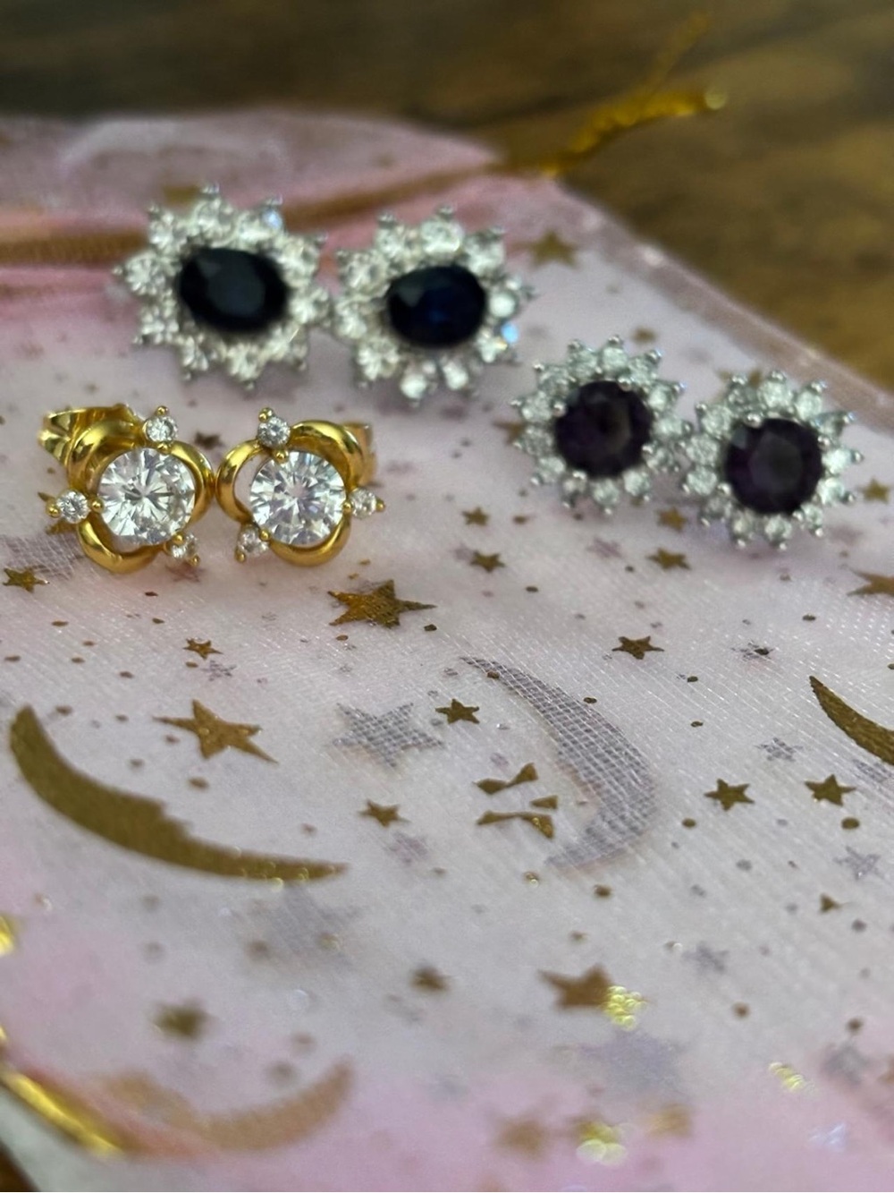 Assorted Women’s Stud Earrings Set - Gold and Dark Blue/Silver Stones - Picture 3 of 4